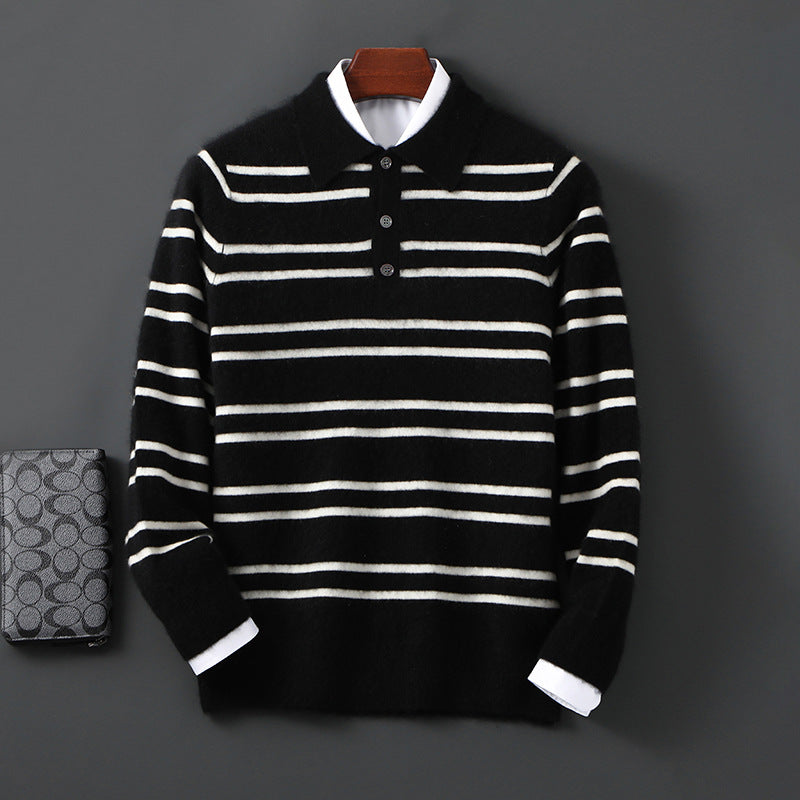 Lapel Pure Wool Sweater Striped Color Matching Half Button Pullover Long Sleeve Loose-fitting Underwear Sweater