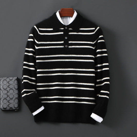 Lapel Pure Wool Sweater Striped Color Matching Half Button Pullover Long Sleeve Loose-fitting Underwear Sweater