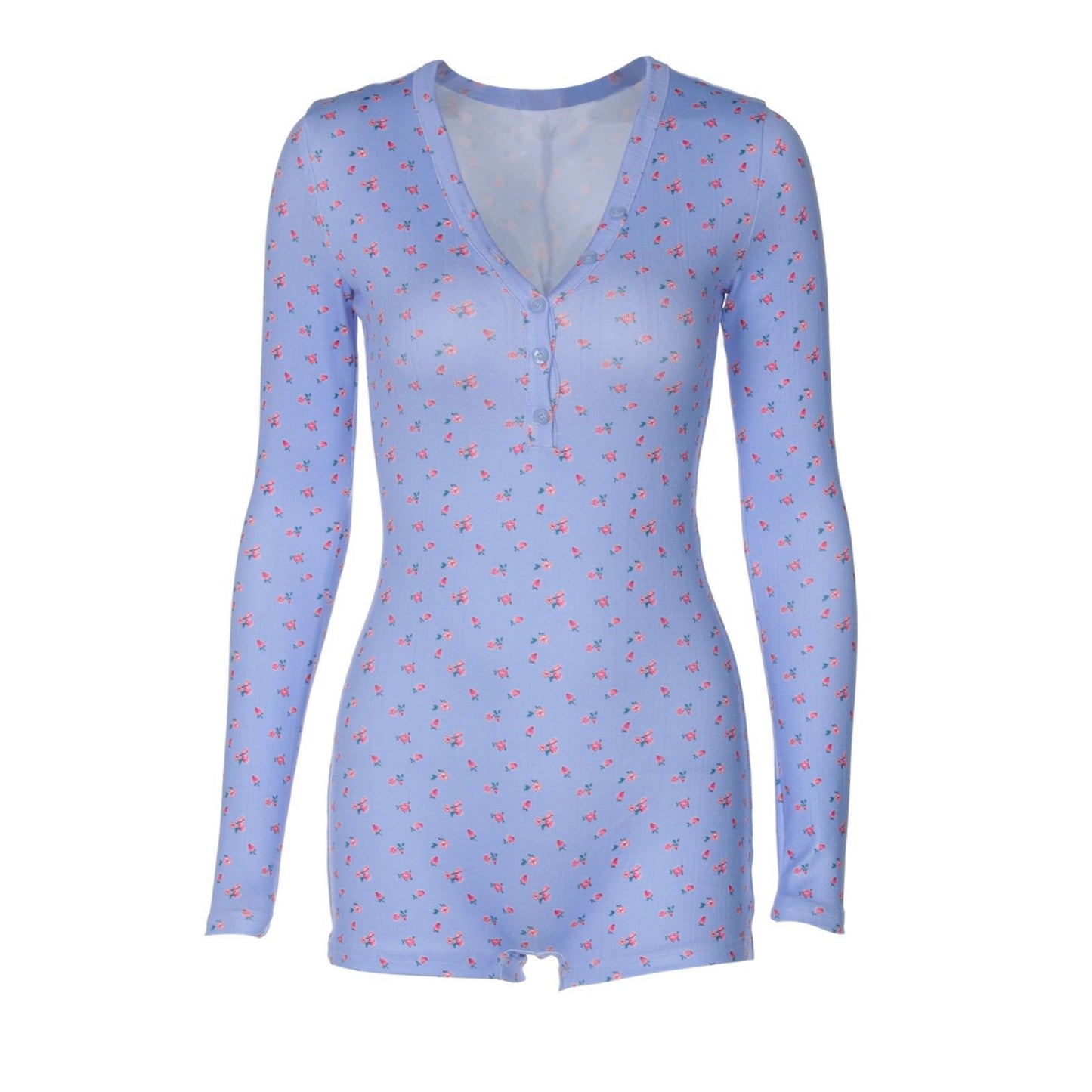 Button-front Semi-open-neck Floral-print Long-sleeve Jumpsuit Top