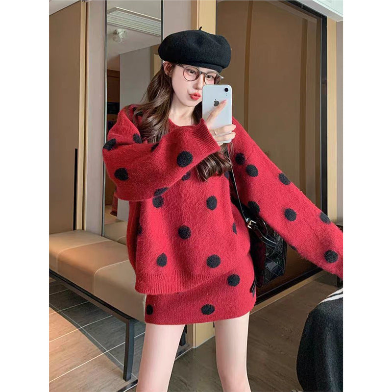 Fashion Casual Loose Knitted Top Sweater Dress Two-piece Set