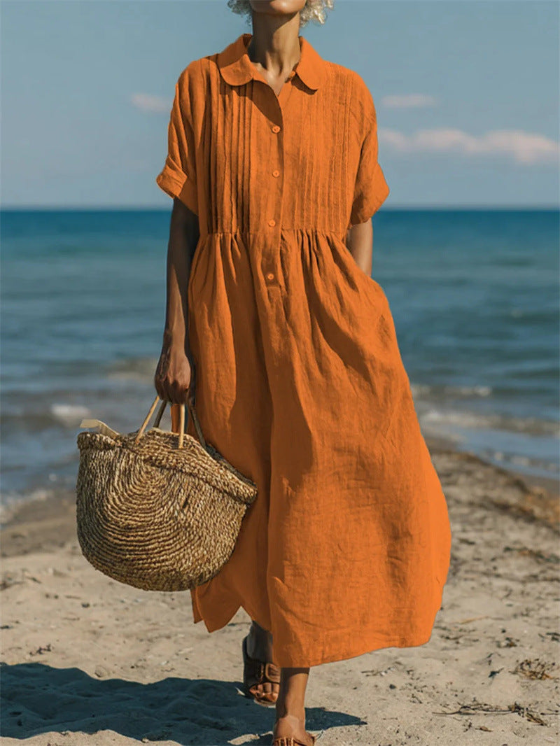 Notch-collar Button-front Pleated Short-sleeve Cotton-linen Dress