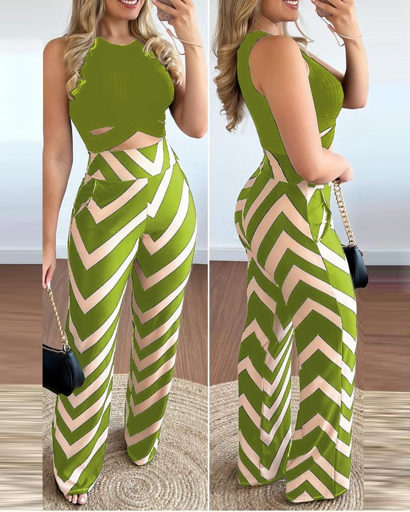 Solid Color Sleeveless Top Vest Striped Tights Two-piece Set