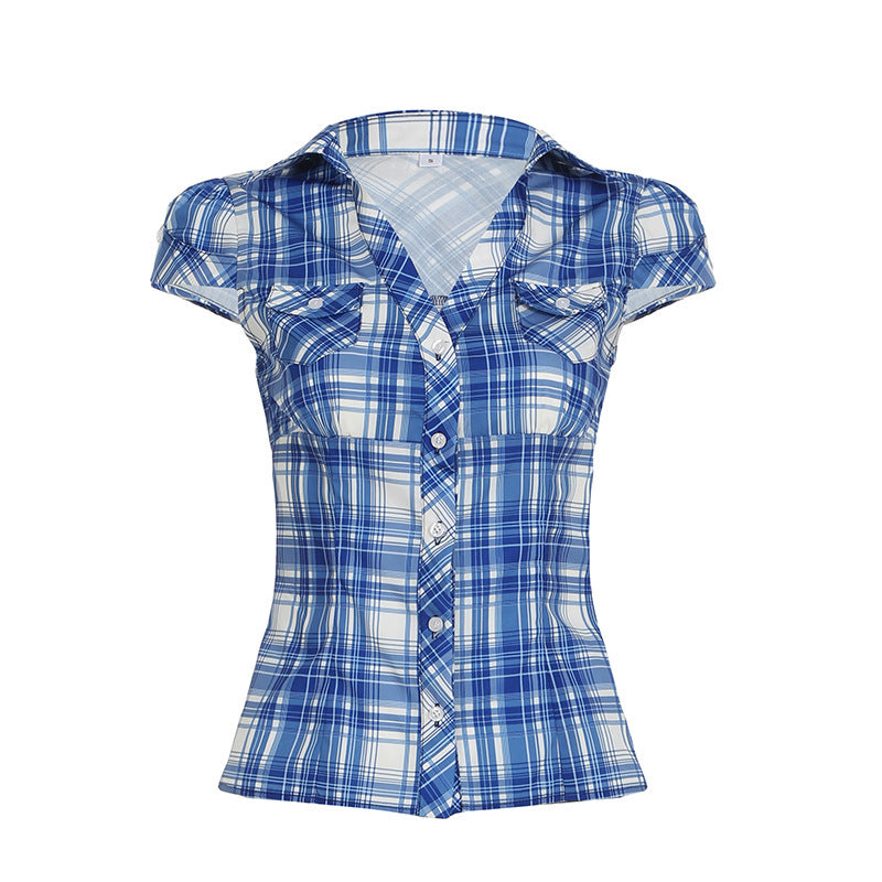 British Style Wooden Ear V-neck Plaid Shirt Elegant Waist Button Puff Sleeve Top