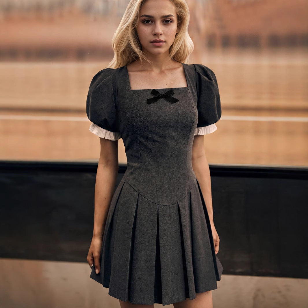 Womens Solid-Color French Square-Neck Slim-Fit Short-Sleeve Dress