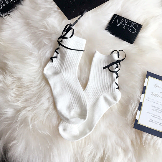 Ribbon Cross Strap Bow Vertical Pure Cotton Girl Student Lace-up Socks