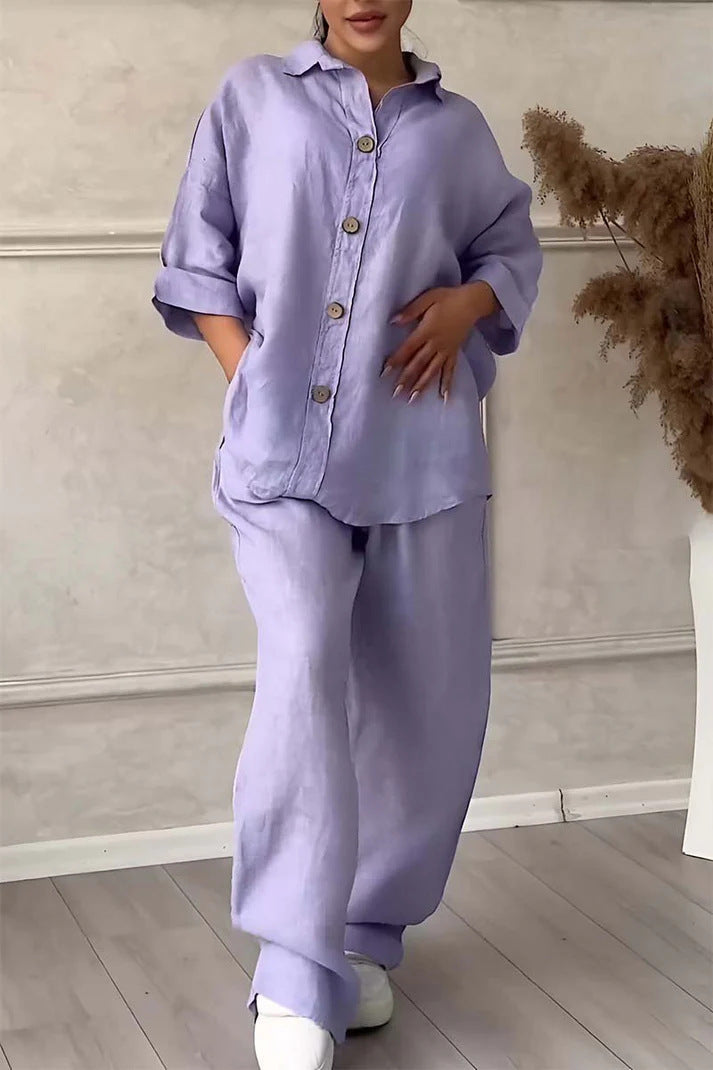 Cotton And Linen Shirt Outfit High Waist Loose Trousers
