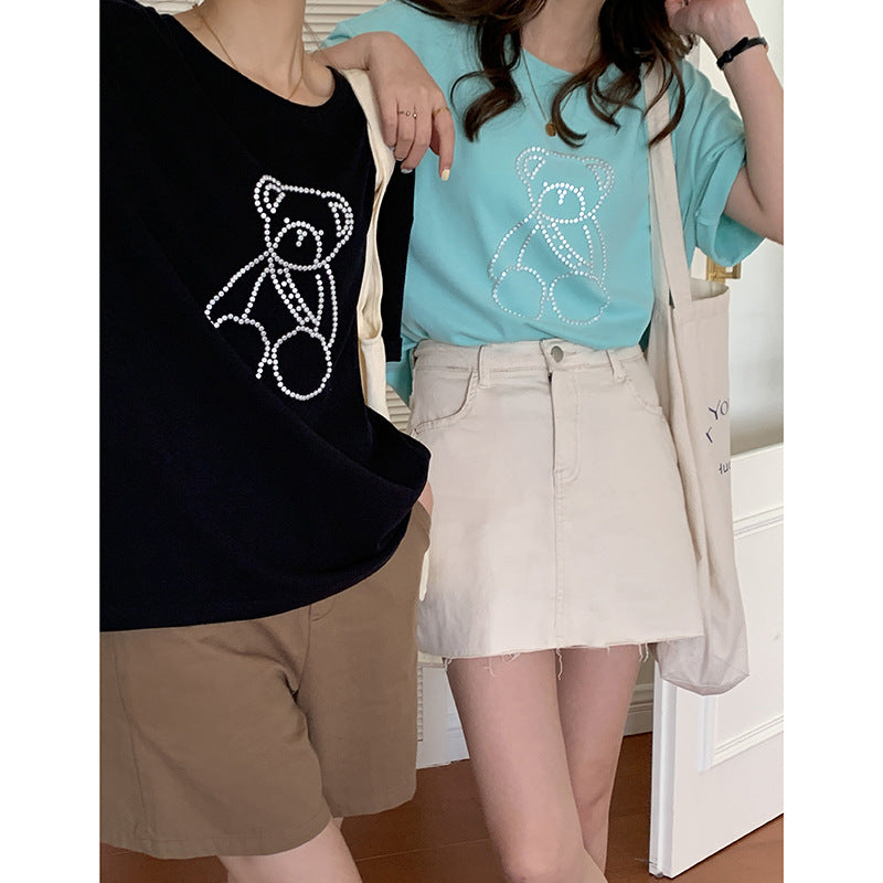 Women's Round Neck Loose Beaded Bear T-shirt