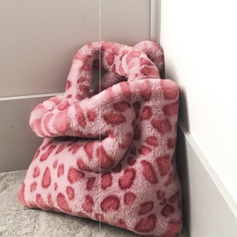 Plush Leopard Print Portable Chain Shoulder Messenger Bag