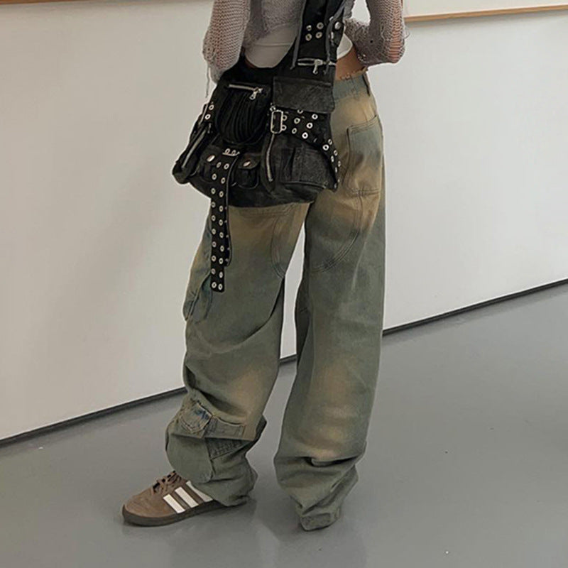 Women's Asymmetric Retro Raw Hem Jeans Straight-leg Overalls