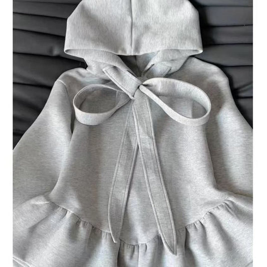 Womens Korean-style Gray Hoodie With Bow-Tie Straps