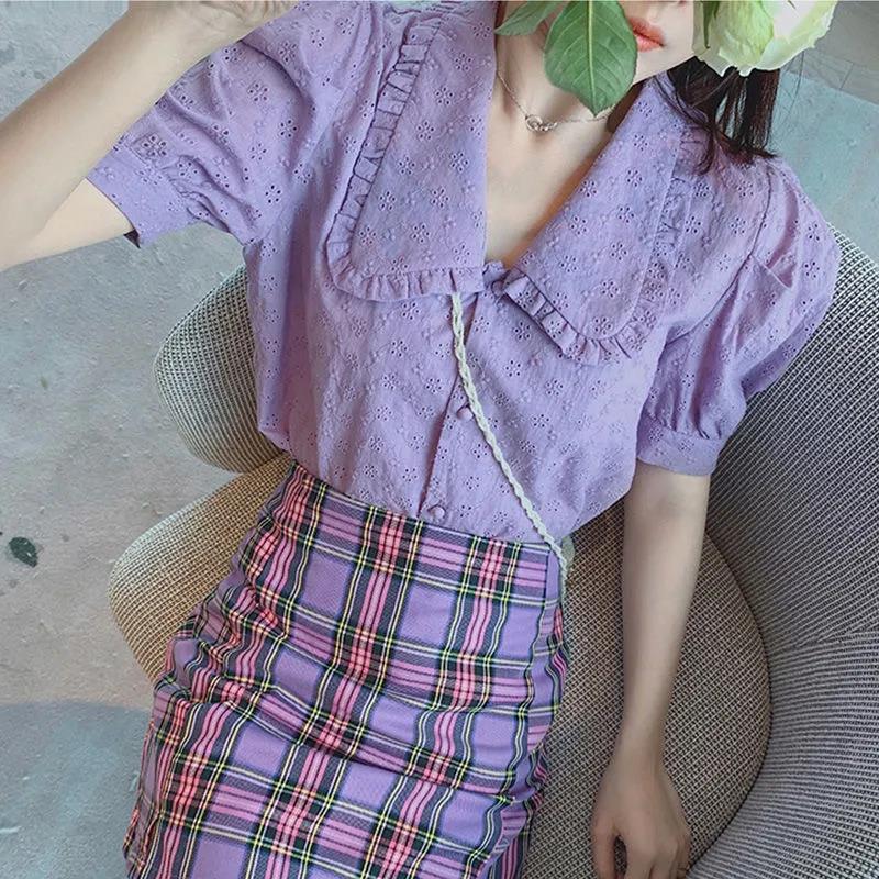 Doll Collar Purple Shirt Bubble Short Sleeves