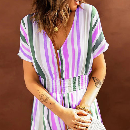 Ladies Elastic Waist Stripe Print V Neck Button Bodysuit