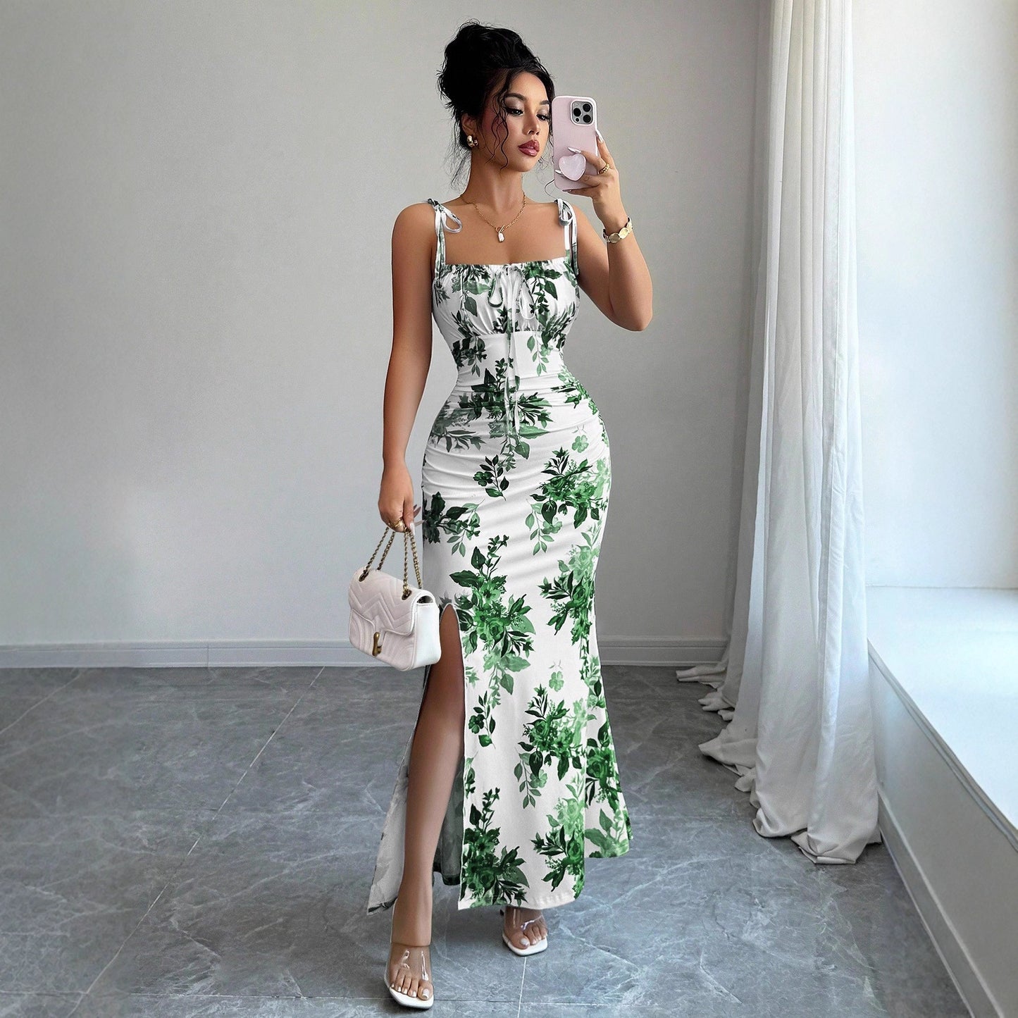 Printed Slip Dress, High-waisted Floral Maxi Dress