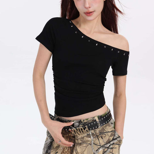 Womens Asymmetrical Off-Shoulder Short-Sleeve Slim-Fit Top