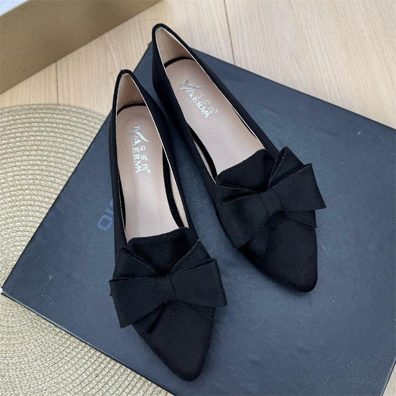 Women's Versatile Solid Color Bow Pointed Flat Shoes