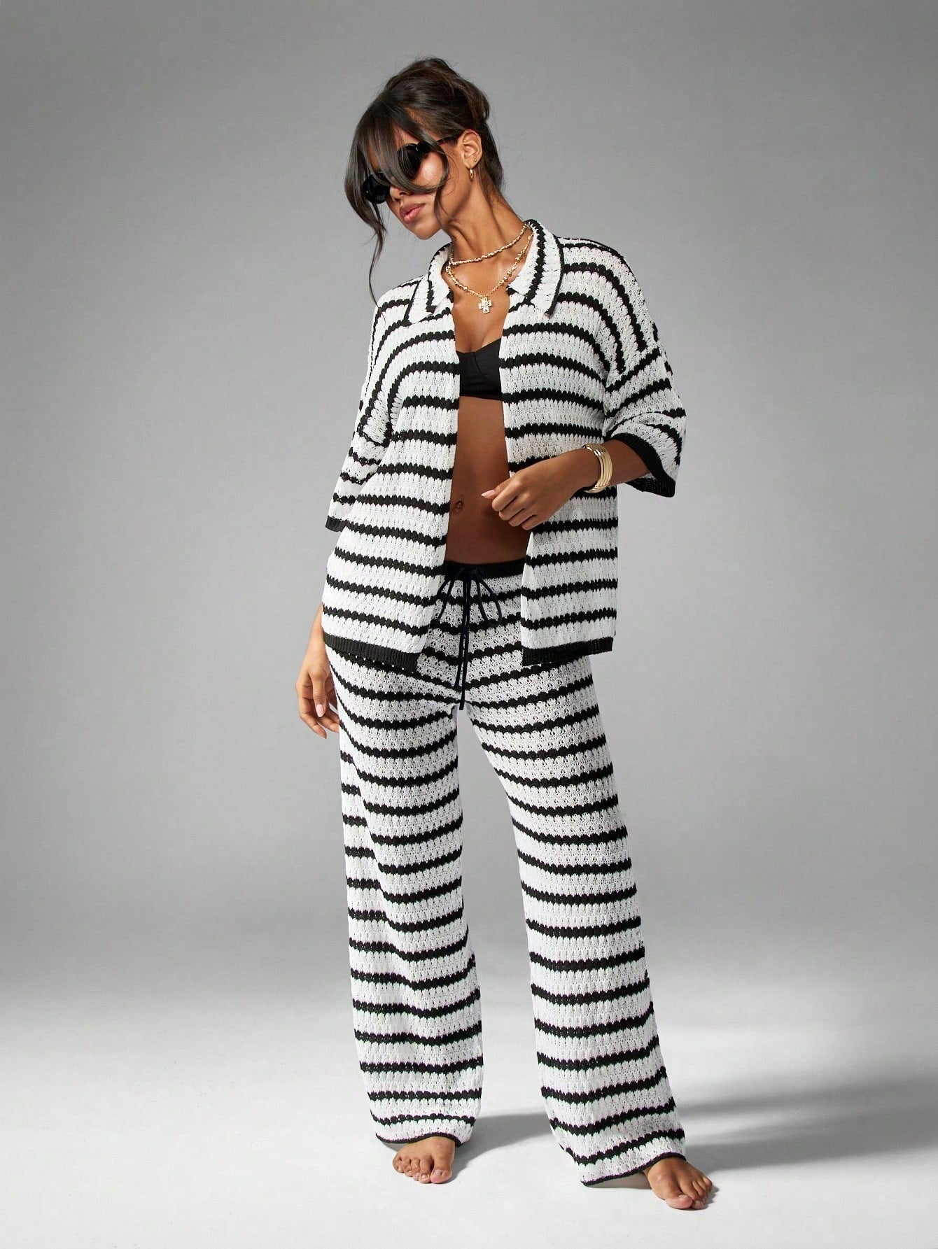 Womens Striped Knitted Hollow-Out Beach Casual Set