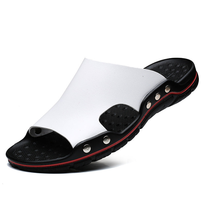 Slippers Men's Summer Leather Word Casual Tide Sandals Men's Non-slip Leather New Sandals Outer Wear Large Size Beach Shoes