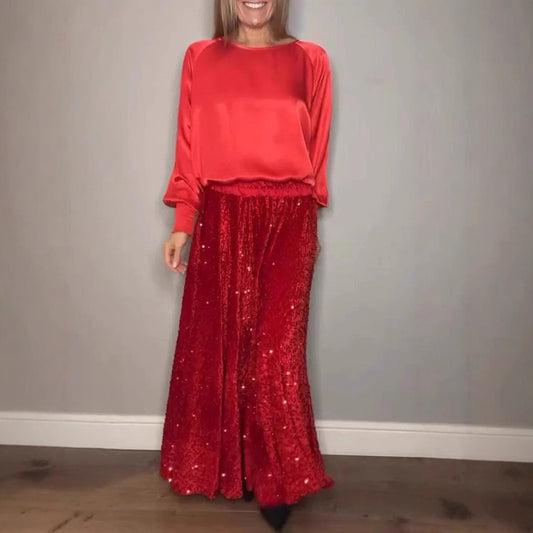 Round Neck Satin Top Sequin Dress Suit Two-piece Set