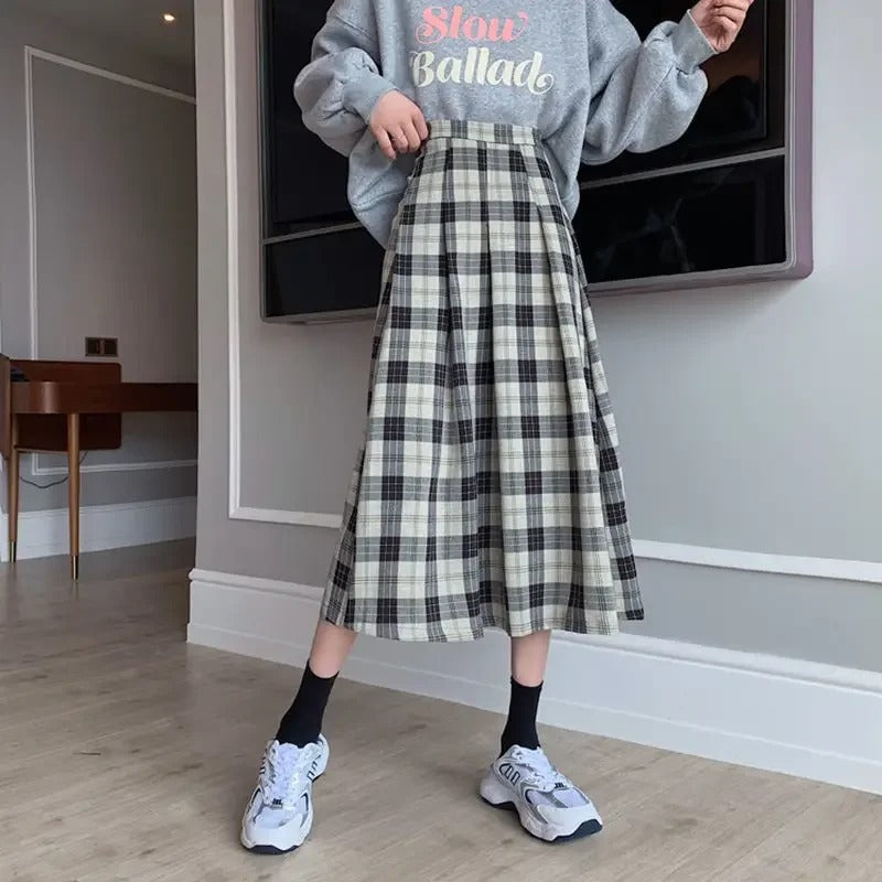 Women's High Waist Plaid Versatile Student Skirt