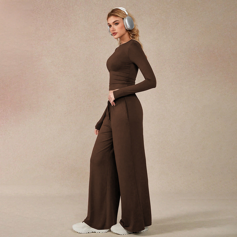 Womens Long-sleeve Cropped Midriff-baring Top And Wide-leg Casual Pants Set