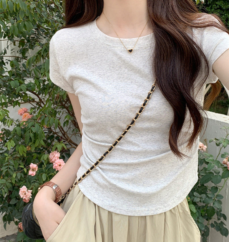 Solid Color Pleated Slim-fit Irregular Design Short Round Neck Top