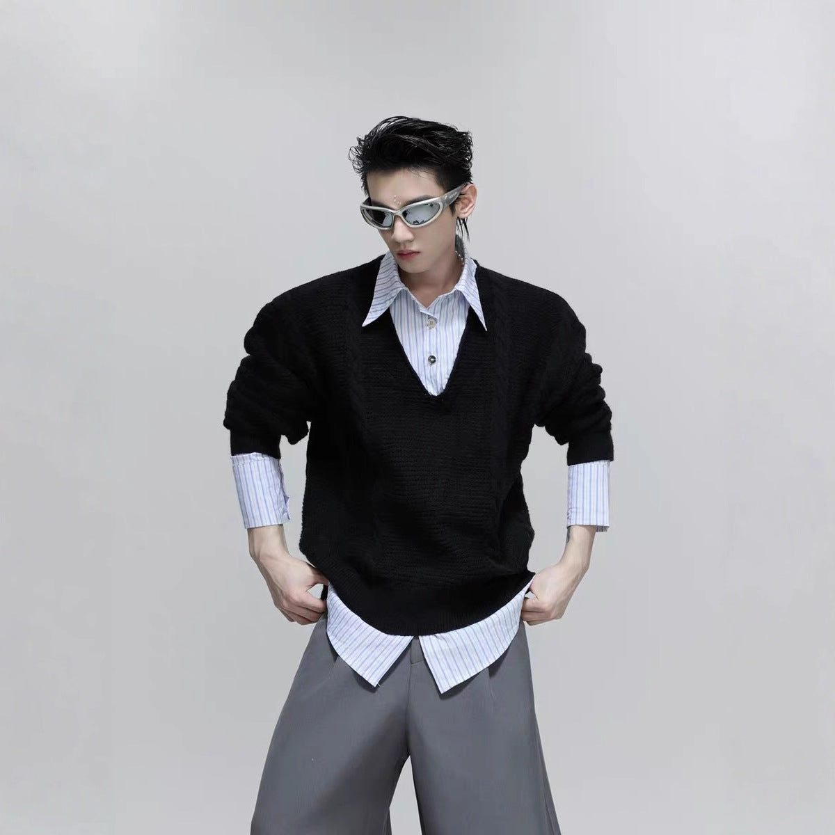 Mock Two-piece V-neck Sweater Featuring A Cable-knit Design
