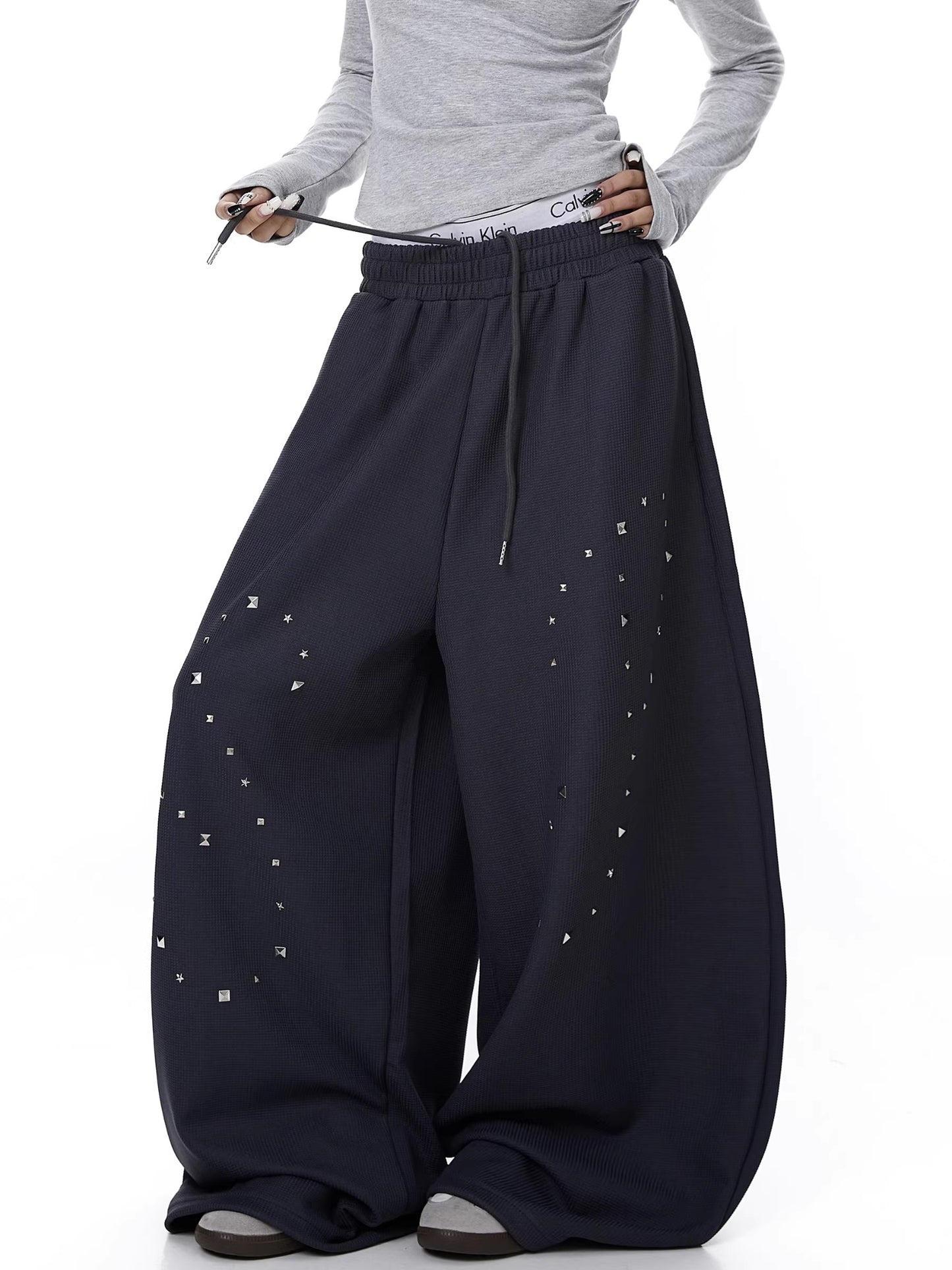 Womens American-Style Retro Heavy-Duty Rivet Straight Sweatpants