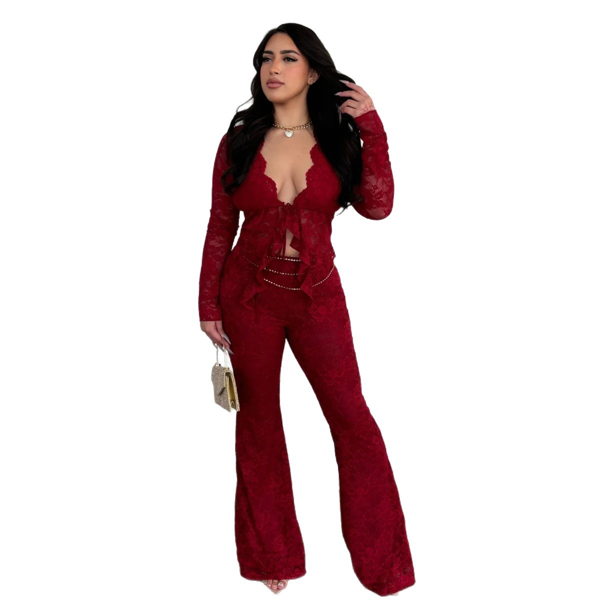 Lace Top With Long Sleeves And Lace Pants Two-piece Set