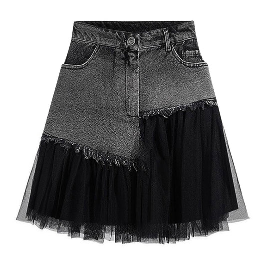 line Covered Crotch Patchwork Mesh Denim Skirt