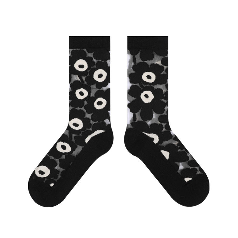 Transparent Silk Stockings, Breathable Big Flower Socks, Women's Tube Socks, Korean Version