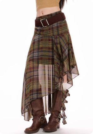 Green Chiffon Plaid Irregular Midi Skirt For Women