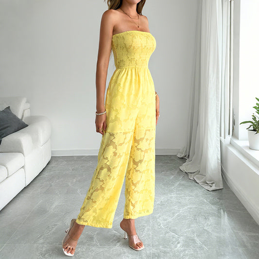Sheer Yellow Sleeveless Tube Top And Straight-leg Pants For Women