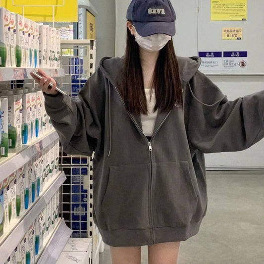 Sweaterjakke til kvinder Forår og efterår Overtøj Løs og afslappet med trykt hætte
