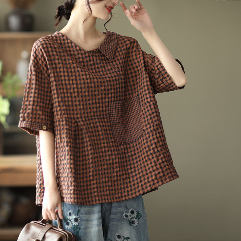 Loose Patchwork Cotton Plaid V-neck Short-sleeved T-shirt Women's Pullover