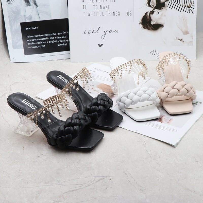 Black Chunky Woven One-line High-heeled Sandals
