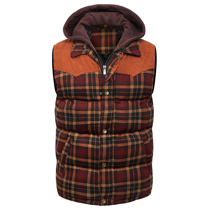 Hooded Cotton Jacket Vest Scottish Style Plaid Vest
