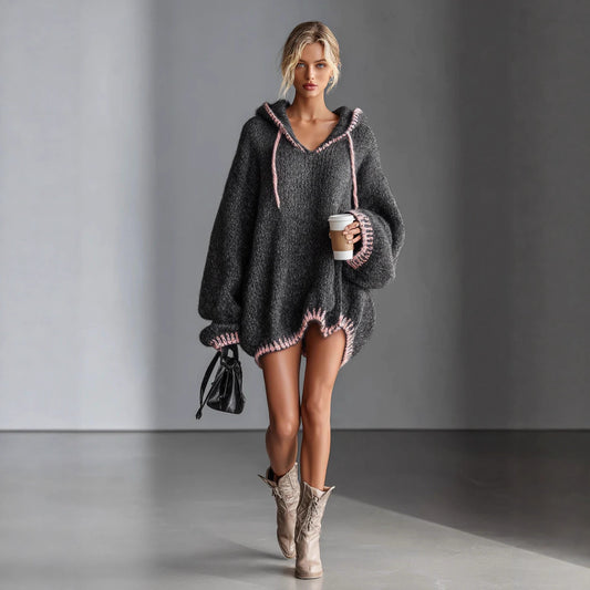 Fashion Color Contrast Stitching Sweater Long Sleeve Hooded Sweater