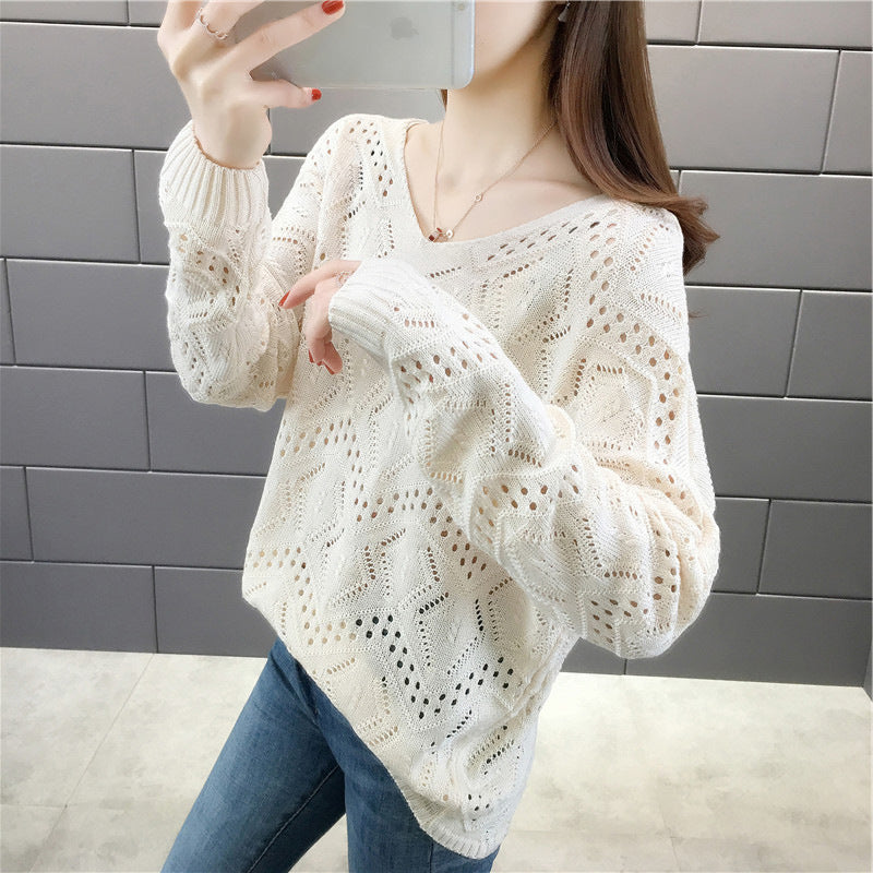 V-neck Loose Hollow-out Pullover Knitwear Batwing Sleeve Thin Sweater