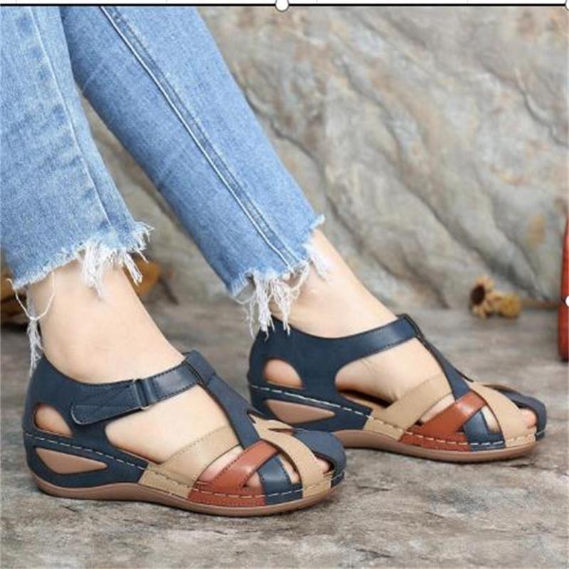 Wedge Heel Ladies Color Matching Car Stitching Retro Hollow Hole Shoes Large Size Shoes
