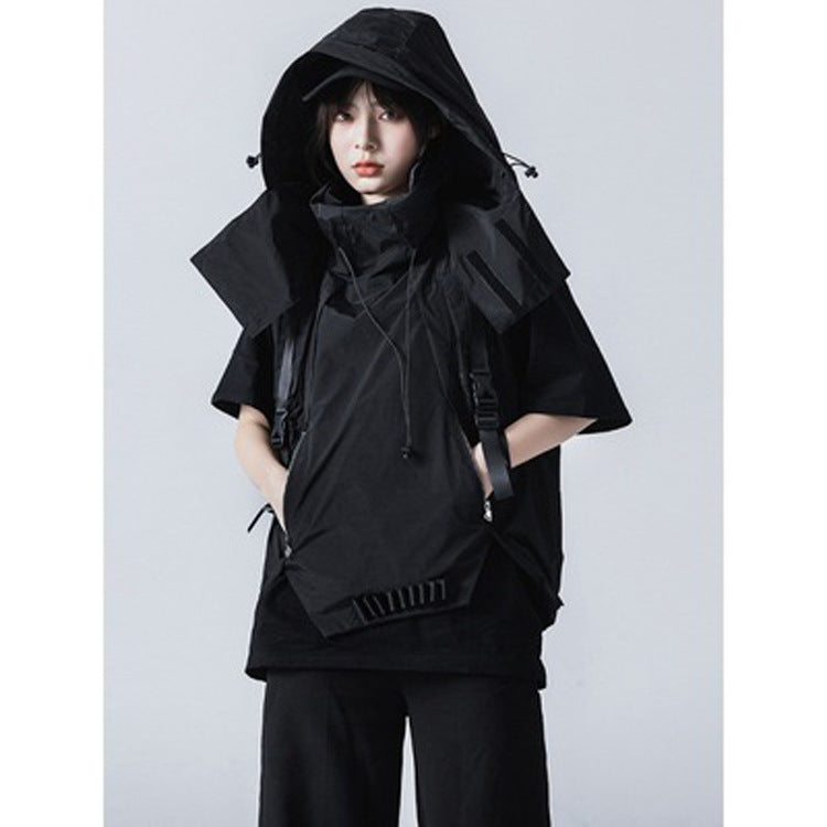 Industrial Dark Mechanical Style Hip Hop Hooded Tactical Vest Coat Men's And Women's Detachable Hat