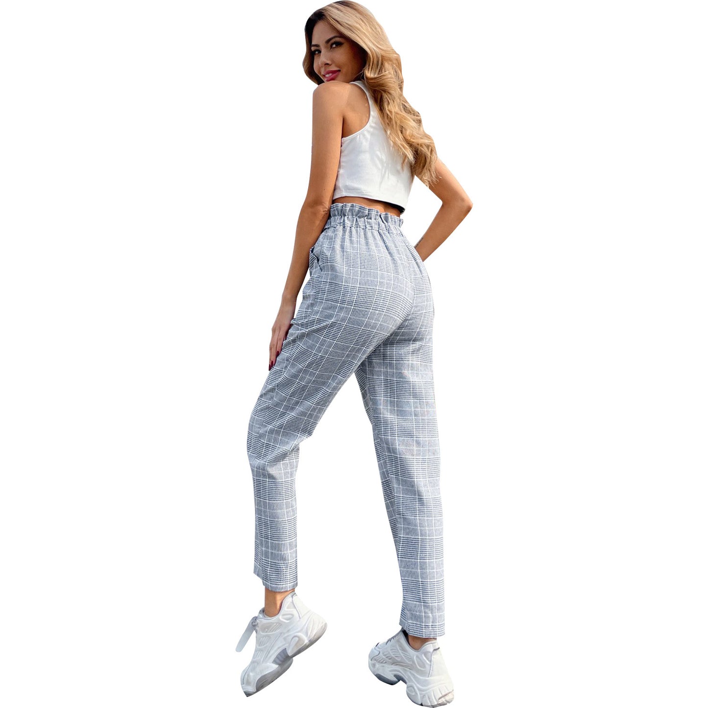 Women's Fashion Temperament High Waist Plaid Straight-leg Pants