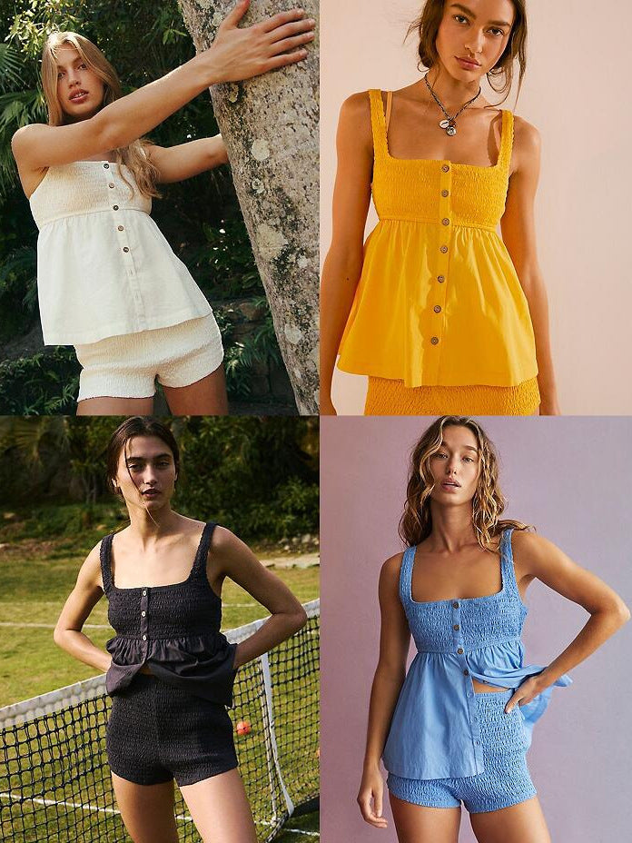 Womens Solid-Colored Suspender Ruched Button-Up Set