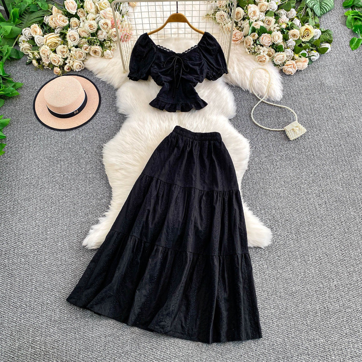 Hollowed-out Embroidered V-Neck Shirt With Ruffled Long Skirt