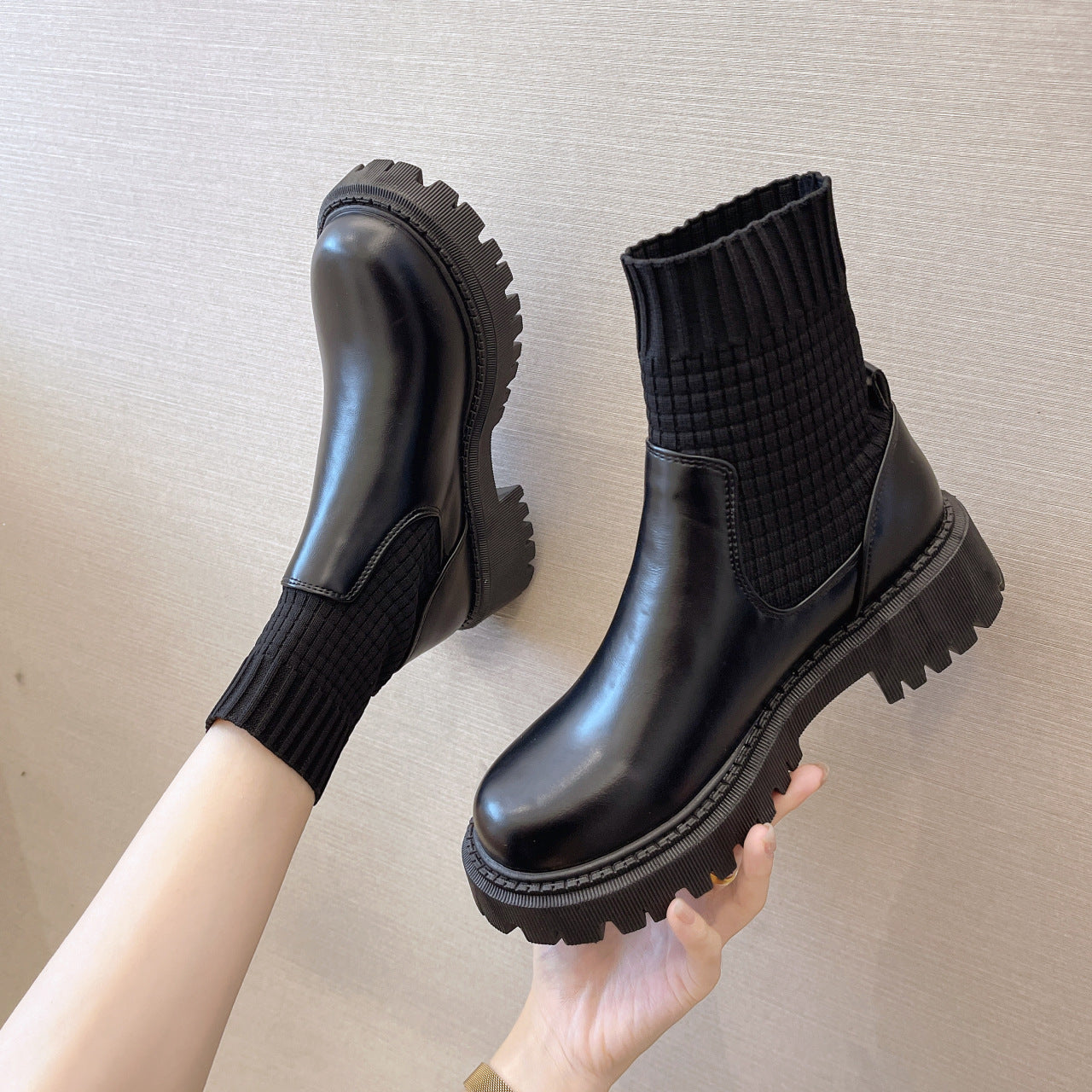 Splicing Sock Boots Women's Casual Chunky Heel