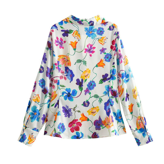 Women's French Fashion Floral Print Satin Shirt Women