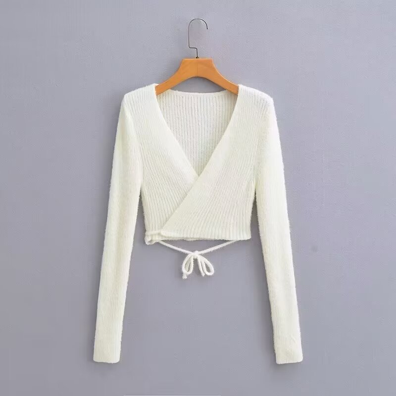 Knit bluse med lange ærmer og tynde stropper til damer