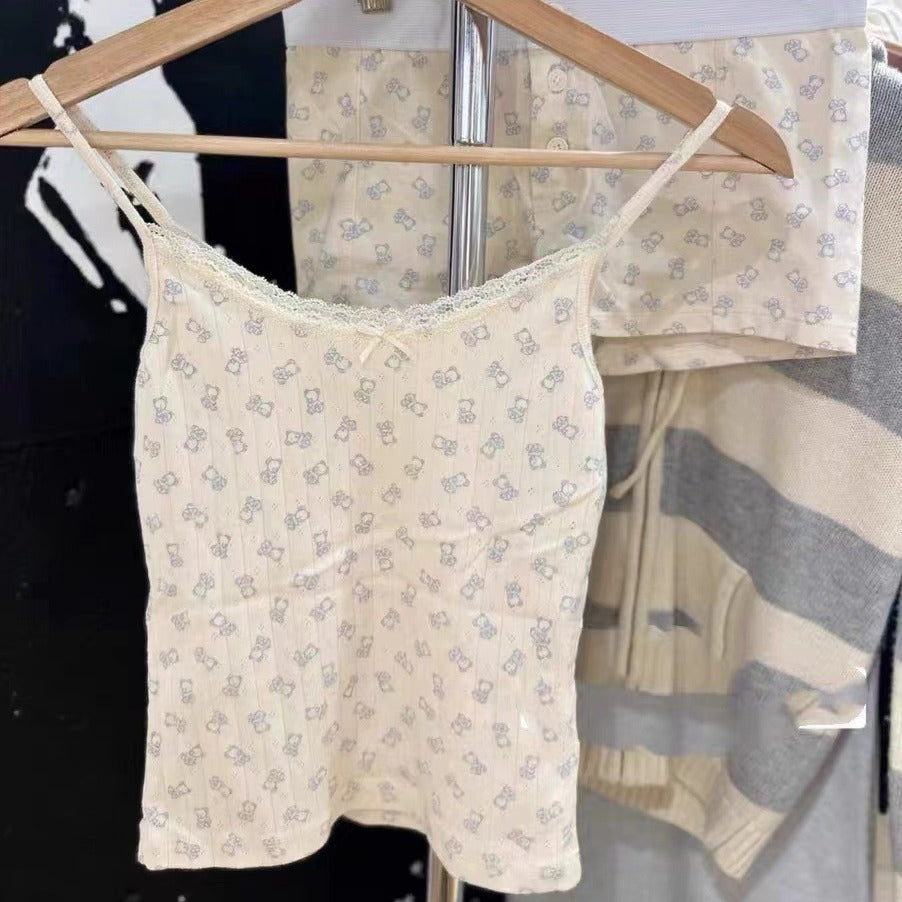 New Elastic Waist Bear Print Loose All-match Home Straight-leg Trousers