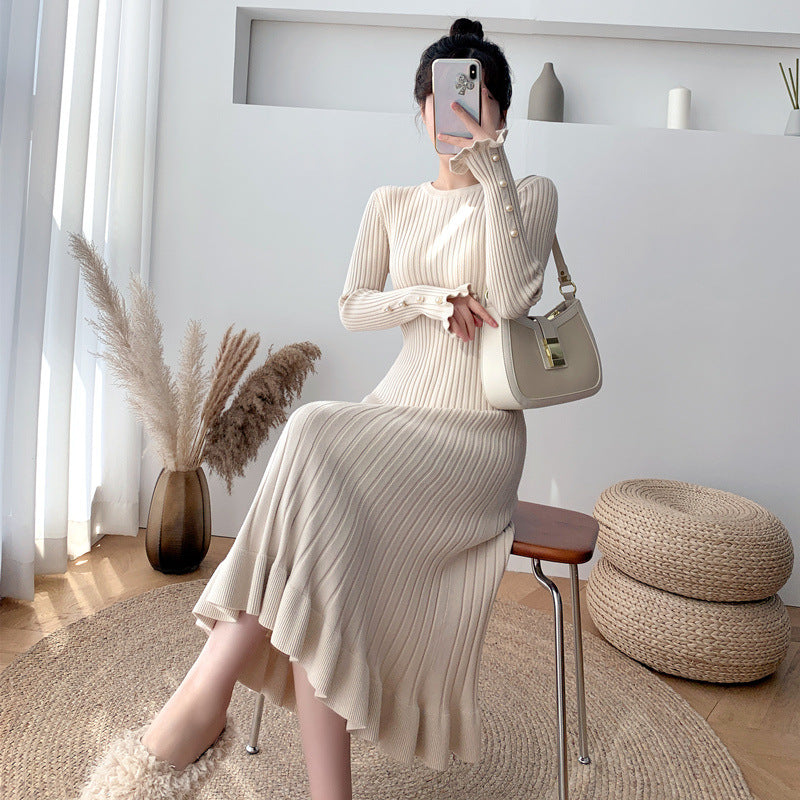 Above-the-knee Sweater With Ruffled Hem Knitted One-piece Dress