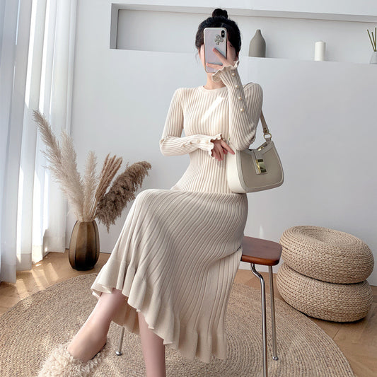 Above-the-knee Sweater With Ruffled Hem Knitted One-piece Dress