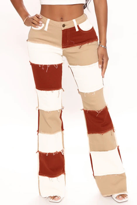 Flow Fashion Patchwork High Waist Tight Hip Horn Women's Denim Trousers